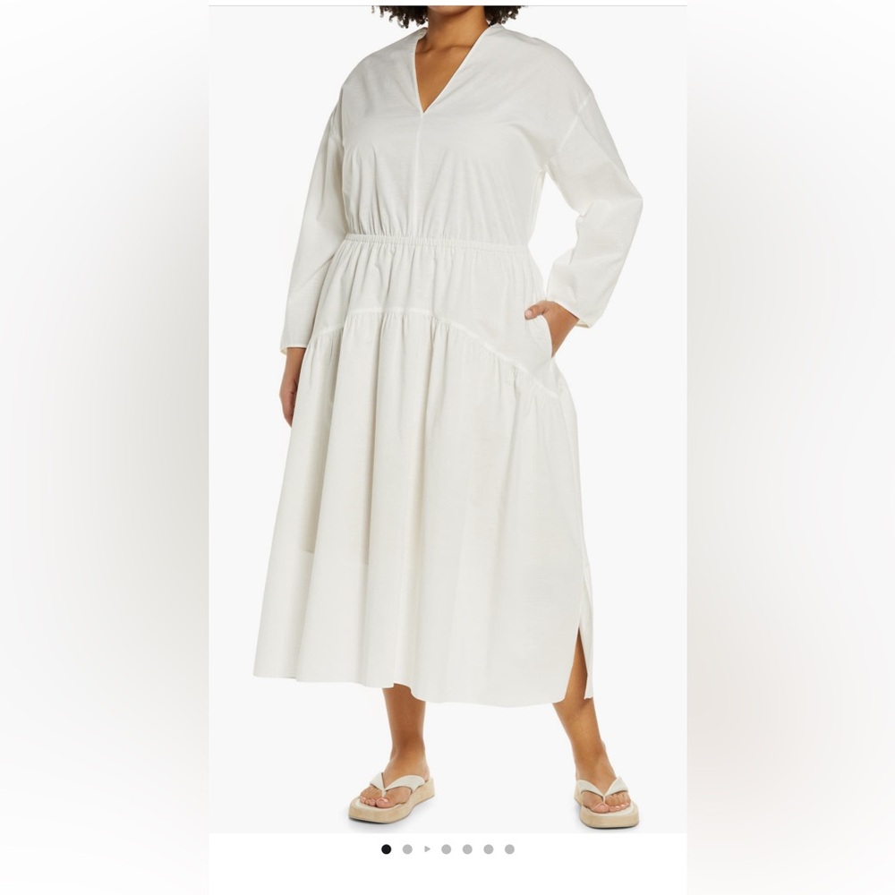 Vince White V-Neck Long Sleeve Tiered Midi Dress